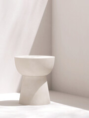 Clean, smooth, minimal, modern white round stone podium, sunlight, shadow on texture concrete corner wall for luxury organic cosmetic, skincare, beauty treatment hygiene product display background 3D