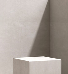 Minimal white square concrete podium in sunlight, shadow on gray cement texture corner wall loft style for modern luxury beauty, cosmetic, organic, fashion product display background 3D