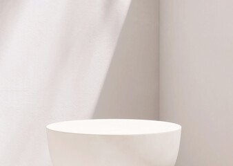 Clean, smooth, minimal, modern white round stone podium, sunlight, shadow on texture concrete corner wall for luxury organic cosmetic, skincare, beauty treatment hygiene product display background 3D