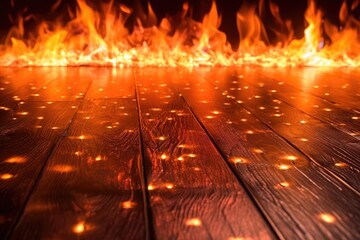 Background scenario with an old grunge wooden floor with fire sparks and fire and flames at the back Generative AI Illustration