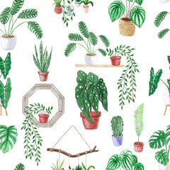 Seamless watercolor pattern with houseplants in pots