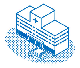 病院 - 線画　アイソメ図　地面付き