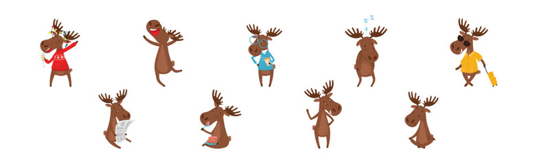 Funny Elk or Moose with Antlers and Hooves Vector Set