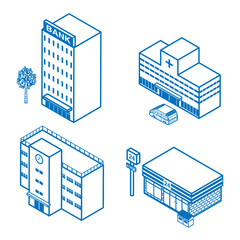 建物セット　線画　アイソメトリック図 - コンビニ　学校　銀行　病院