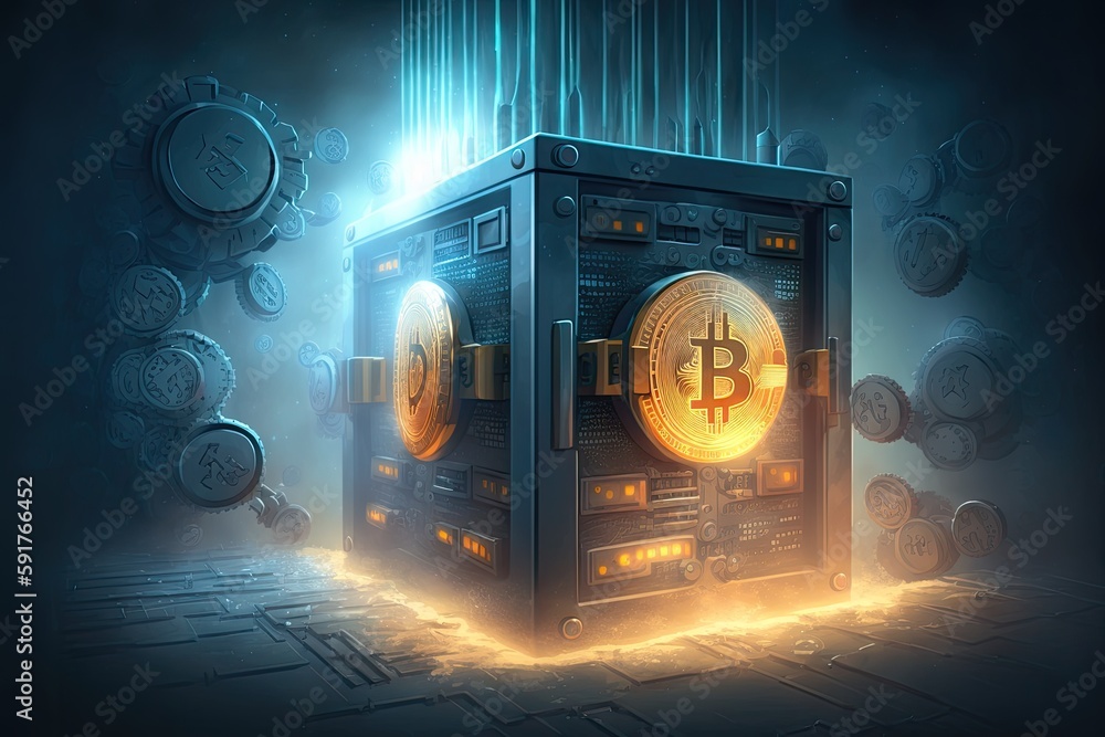 Poster digital block containing a bitcoin symbol. generative ai