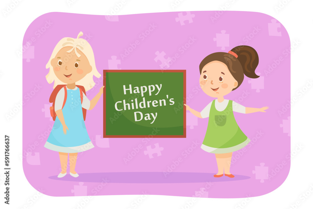 Canvas Prints Two happy schoolgirls with blackboard celebrating children day. Cute girls holding chalkboard with happy children day text vector illustration. Childhood, education, protection, Children day concept