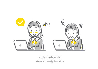 パソコン学習が順調な女子高生と苦戦する女子高生　シンプルでかわいい線画イラスト