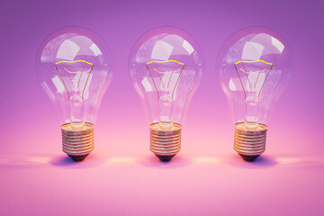 three retro style lightbulbs with glowing filament standing in a row on infinite colorful purple background; creativity design concept; 3D Illustration