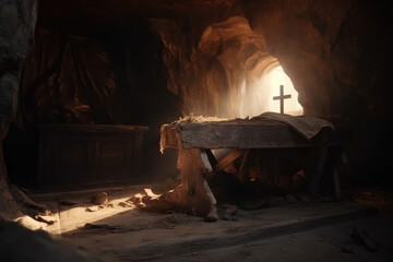Empty tomb of Jesus Christ. Abandoned shroud and crown of thorns on the floor. Light pouring into the cave, generative AI - obrazy, fototapety, plakaty