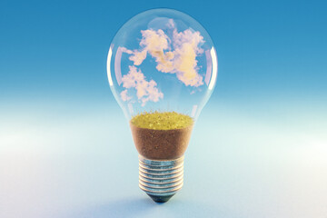single lightbulb with green soil and clouds; renewable clean energy concept; 3D Illustration