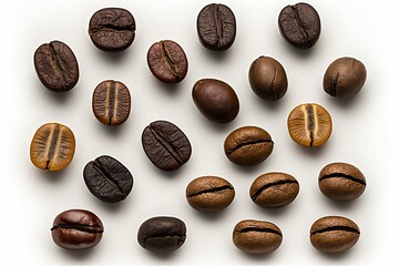 different types of coffee beans in a colorful arrangement. Generative AI - obrazy, fototapety, plakaty