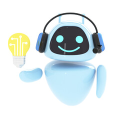 Artificial intelligence chatbot holding light bulb with neural network. AI robot  smiling coming up with idea. Chatbot, conversation or communication with technology concept. 3d render illustration.