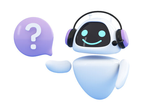 Artificial intelligence chatbot holding question mark in speech bubble. AI robot smiling coming up with answer. Chat bot, conversation or communication with technology concept. 3d render illustration.