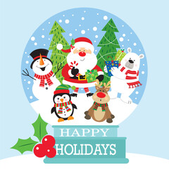 christmas card with snowman, santa, penguin, reindeer and bear in the snow globe