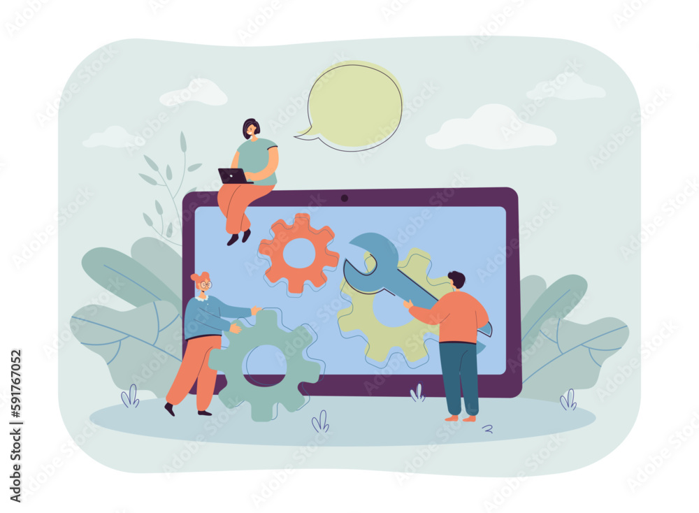 Poster Team of tiny programmers with huge gears and tablet or monitor. Developers working on software or data of website flat vector illustration. Technology, programming, back end development concept
