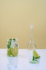 Scene for advertising cosmetic with laboratory concept. Fresh lime slices, leaves and flower in beaker, volumetric flask and petri dish filled transparent liquid. Empty space for product presentation