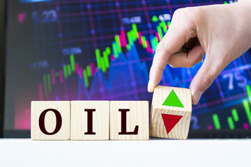 A hand rotates a wooden cube to indicate the fall or rise of oil