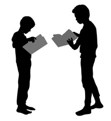 Boys reading books silhouettes vector illustration