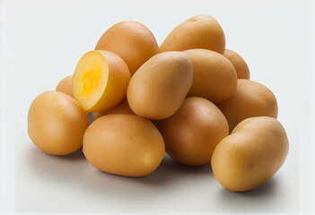 Heap of fresh raw Nicola potatoes isolated on white background. Generative AI