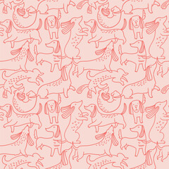 Line hand-drawn dachshund seamless pattern. Dog texture for fabric design. Cute pink animal repeat background.