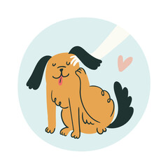 The human hand scratches the dog behind the ear. Dog lover illustration in hand-drawn style.