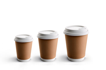 Takeaway coffee cups in diffrent sizes. Isolated on white background