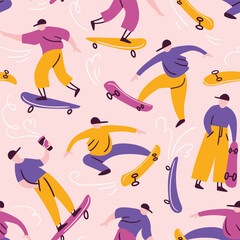 Vector skateboarding seamless pattern in flat hand-drawn style.  Young men on skate boards. Sport lifestyle concept. Repeat background.