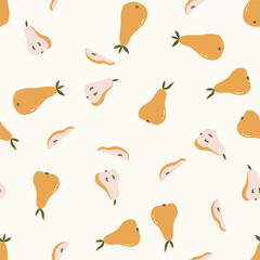 Vector fruit seamless pattern in hand-drawn style. Yellow pears design for home decor fabrics.