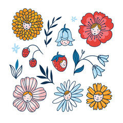 Hand-drawn summer flowers design elements. Midsummer Sweden festival clip art. Vector floral illustration isolated on the white background.