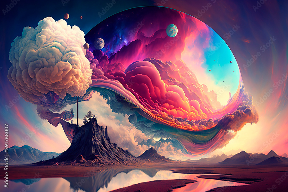 Poster space digital artwork. surreal fantasy cosmos. nebula with planets and stars. sci-fi elements. glowi