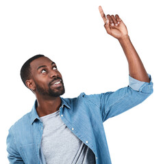 Idea, pointing with a black man asking question of product and deal choice on an isolated and transparent png background. Gesture, promo and goal with guy for offer, decision and planning