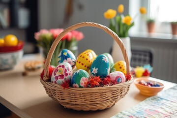 Fototapeta na wymiar eggs Polish Easter tradition in a basket with flowers, generative AI