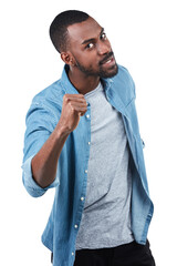 Portrait, fist and warning with a black man on an isolated and transparent png background ready for a fight or conflict. Hand, serious and threat with a young male warn or threaten