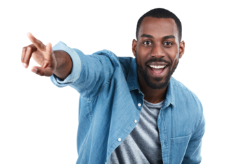 Black man, portrait and pointing for happiness, excited or motivation on an isolated and transparent png background. African model, man and happy with hand sign for direction, vision or goals