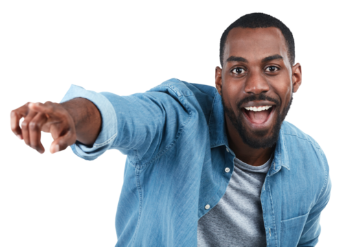 Portrait, black man and pointing for decision with smile on an isolated and transparent png background. Face of a male person with gesture for product placement, choice and wow