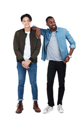 Trendy men and friends portrait on an isolated and transparent png background in full body with...