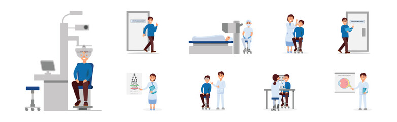 Man and Woman Ophthalmologist Doctor in Medical Uniform Observing Patient Vector Illustration Set