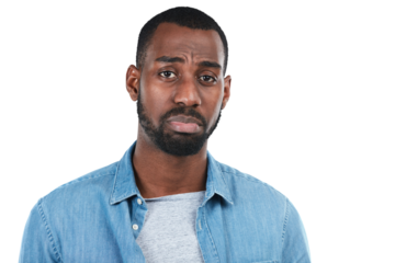 Sad, depression and portrait of a serious black man on an isolated and transparent png background. Anxiety, unhappy and face of an African man with a beard, problem and style