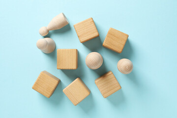 Blank wooden cubes for different concepts, top view
