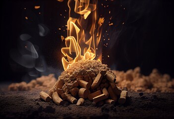 Hot burning wood chip pellets. Generative AI