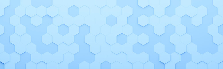 Widescreen hexagonal background with blue hexagons, abstract futuristic geometric backdrop or wallpaper with copy space for text