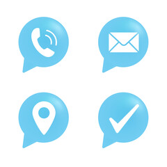 Phone icon, Message icon, Location icon, Check mark icon, on the blue speech bubble symbol set. Vector stock illustration.