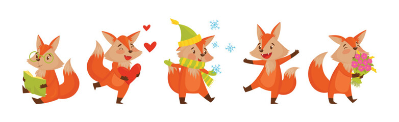 Funny Orange Fox Engaged in Different Activities Vector Set