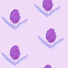 Seamless watercolor pattern with big lilac flowers on pink background