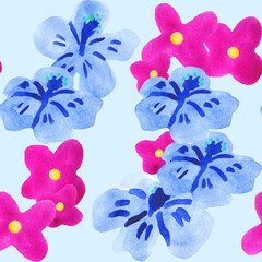 Seamless watercolor pattern with big lilac and blue flowers on blue background