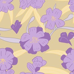 Seamless pattern with lilac flowers on yellow background