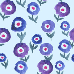 Seamless watercolor pattern with lilac and blue flowers on blue background