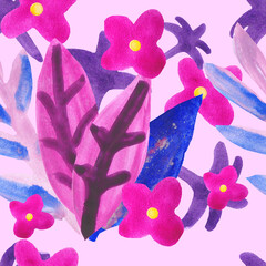 Seamless watercolor pattern with big lilac and blue flowers, leaves on pink background