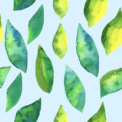 Seamless pattern with watercolor colorful green and blue big leaves on blue background