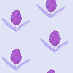 Seamless watercolor pattern with big lilac flowers on blue background